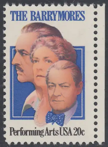USA Michel 1592 / Scott 2012 postfrisch EINZELMARKE RAND rechts (a2) - Darstellende Künste und Künstler: Die Schauspielerfamilie Barrymore; Ethel (1879-1959), Lionel (1878-1954) und John Barrymore (1882-1942)