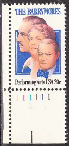 USA Michel 1592 / Scott 2012 postfrisch EINZELMARKE ECKRAND unten links m / Platten-# 111111 - Darstellende Künste und Künstler: Die Schauspielerfamilie Barrymore; Ethel (1879-1959), Lionel (1878-1954) und John Barrymore (1882-1942)