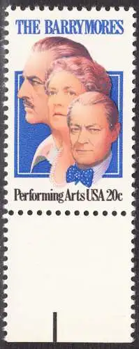 USA Michel 1592 / Scott 2012 postfrisch EINZELMARKE RAND unten - Darstellende Künste und Künstler: Die Schauspielerfamilie Barrymore; Ethel (1879-1959), Lionel (1878-1954) und John Barrymore (1882-1942)