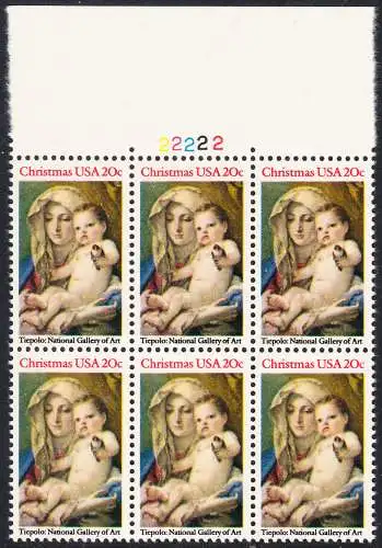 USA Michel 1606 / Scott 2026 postfrisch horiz.BLOCK(6) RÄNDER oben (a1) m/ Platten-# 2222 - Weihnachten: Madonna und Kind