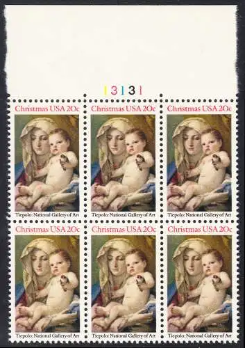 USA Michel 1606 / Scott 2026 postfrisch horiz.BLOCK(6) RÄNDER oben (a2) m/ Platten-# 3131 - Weihnachten: Madonna und Kind