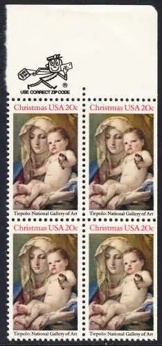 USA Michel 1606 / Scott 2026 postfrisch ZIP-BLOCK(UL) - Weihnachten: Madonna und Kind