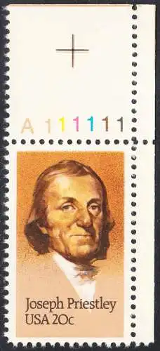 USA Michel 1626 / Scott 2038 postfrisch EINZELMARKE ECKRAND oben rechts m/ Platten-# A111111 - 250. Geburtstag von Josef Priestley, Chemiker