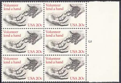 USA Michel 1627 / Scott 2039 postfrisch vert.BLOCK(6) RÄNDER rechts m/ Platten-# 3 (a1) - Freiwillige Hilfe