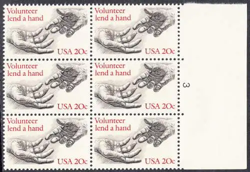 USA Michel 1627 / Scott 2039 postfrisch vert.BLOCK(6) RÄNDER rechts m/ Platten-# 3 (a2) - Freiwillige Hilfe