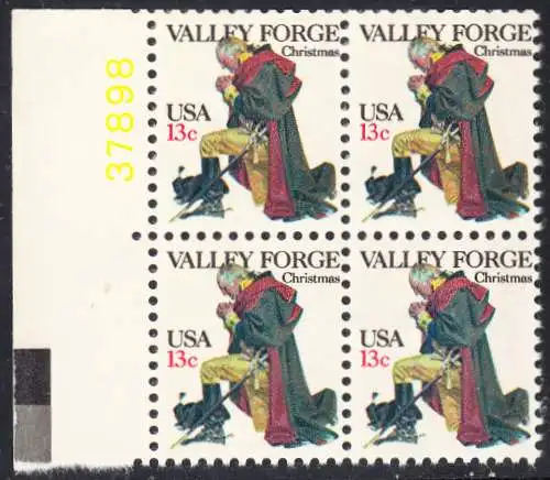 USA Michel 1317 / Scott 1729 postfrisch BLOCK RÄNDER links m/ Platten-# (a1) - Weihnachten: General George Washington beim Gebet in Valley Forge