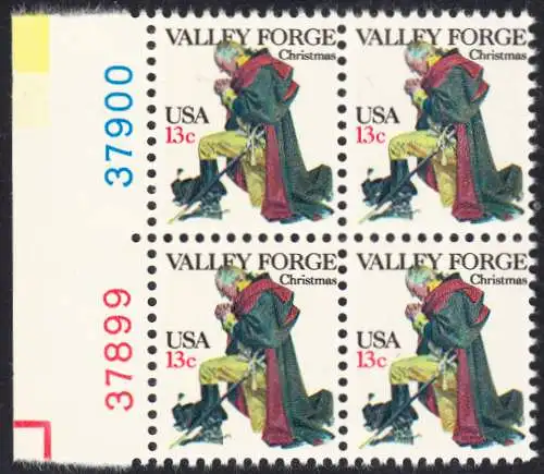 USA Michel 1317 / Scott 1729 postfrisch BLOCK RÄNDER links m/ Platten-# (a2) - Weihnachten: General George Washington beim Gebet in Valley Forge