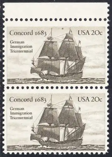 USA Michel 1628 / Scott 2040 postfrisch vert.PAAR RAND oben- Jahrestag der Einwanderung der ersten Deutschen in Amerika: Einwanderer-Segelschiff Concord (1683)