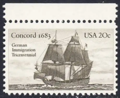 USA Michel 1628 / Scott 2040 postfrisch EINZELMARKE RAND oben - Jahrestag der Einwanderung der ersten Deutschen in Amerika: Einwanderer-Segelschiff Concord (1683)