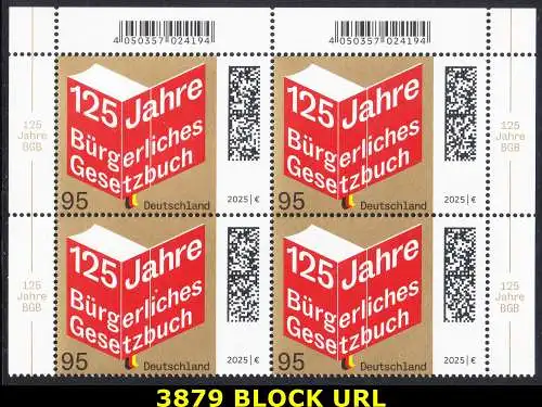BUND 2025 Michel-# 3879 postfrisch BLOCK ECKRÄNDER oben rechts/links
