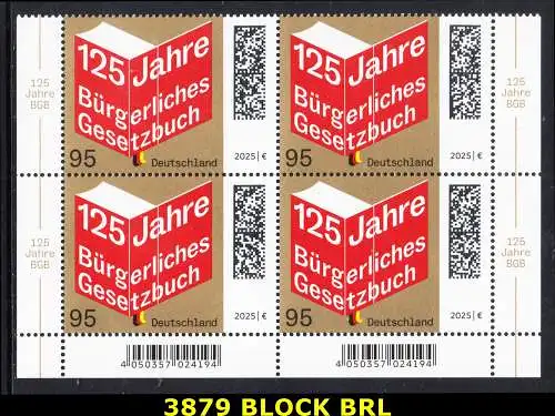 BUND 2025 Michel-# 3879 postfrisch BLOCK ECKRÄNDER unten rechts/links