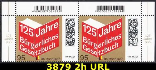 BUND 2025 Michel-# 3879 postfrisch horiz.PAAR ECKRÄNDER oben rechts/links