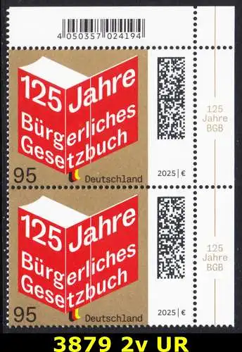 BUND 2025 Michel-# 3879 postfrisch vert.PAAR ECKRAND oben rechts