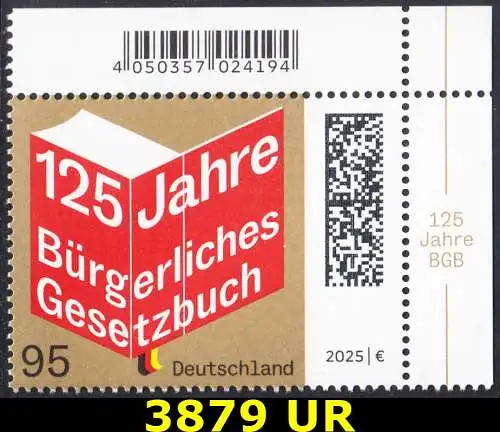 BUND 2025 Michel-# 3879 postfrisch EINZELMARKE ECKRAND oben rechts