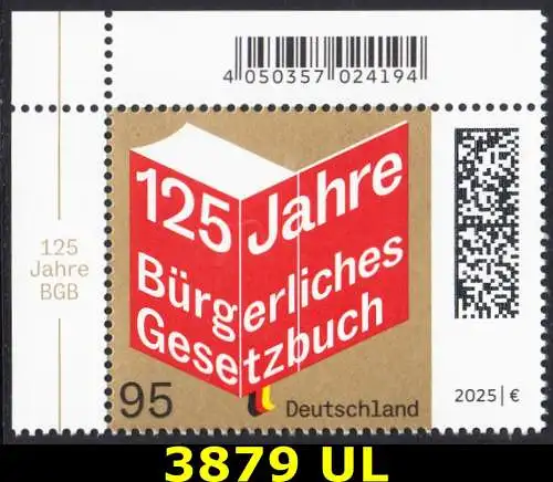BUND 2025 Michel-# 3879 postfrisch EINZELMARKE ECKRAND oben links