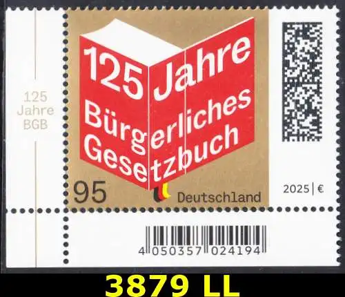 BUND 2025 Michel-# 3879 postfrisch EINZELMARKE ECKRAND unten links