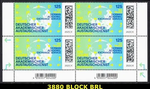 BUND 2025 Michel-# 3880 postfrisch BLOCK ECKRÄNDER unten rechts/links