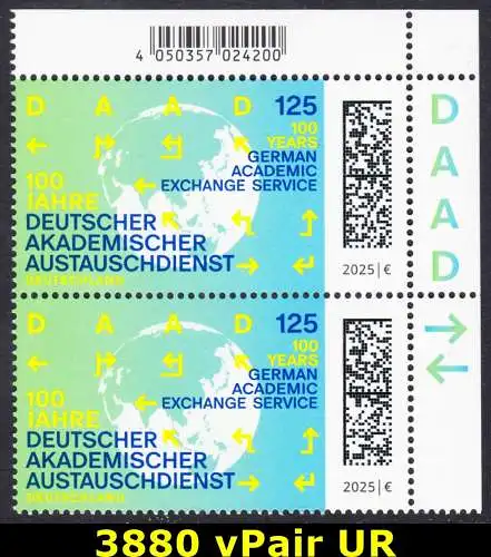 BUND 2025 Michel-# 3880 postfrisch vert.PAAR ECKRAND oben rechts 