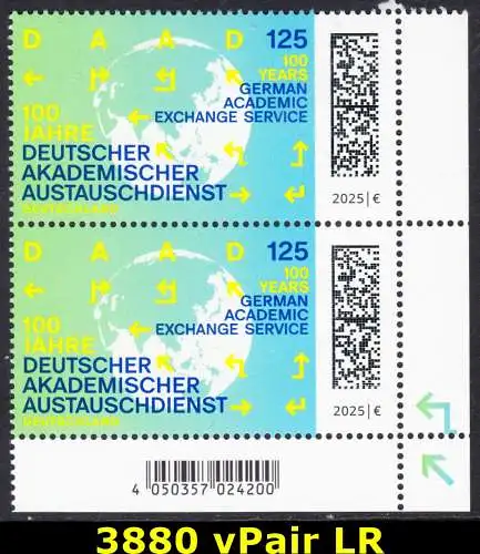 BUND 2025 Michel-# 3880 postfrisch vert.PAAR ECKRAND unten rechts 