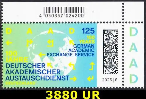 BUND 2025 Michel-# 3880 postfrisch EINZELMARKE ECKRAND oben rechts