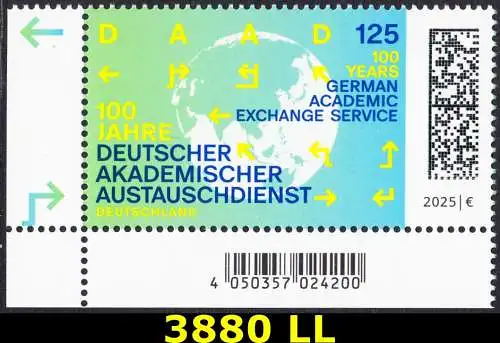 BUND 2025 Michel-# 3880 postfrisch EINZELMARKE ECKRAND unten links