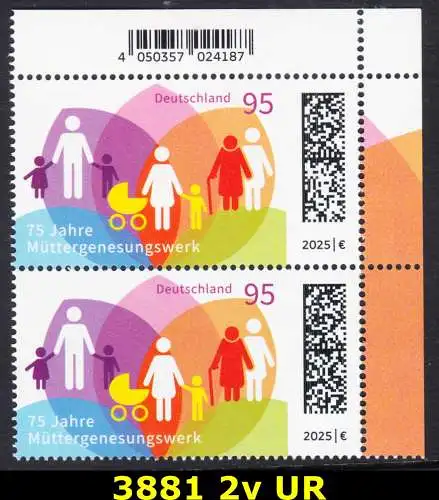 BUND 2025 Michel-# 3881 postfrisch vert.PAAR ECKRAND oben rechts 