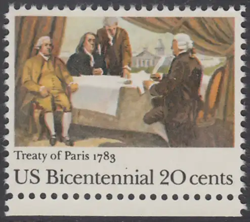 USA Michel 1650 / Scott 2052 postfrisch EINZELMARKE RAND unten (a2) - 200 Jahre Unabhängigkeit (1776): Friedensvertrag von Paris (1783), John Adams, Benjamin Franklin und John Jay unterzeichnen den Vertrag