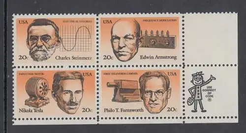 USA Michel 1653-1656 / Scott 2055-2058 postfrisch ZIP-BLOCK (lr / a2) - Erfinder