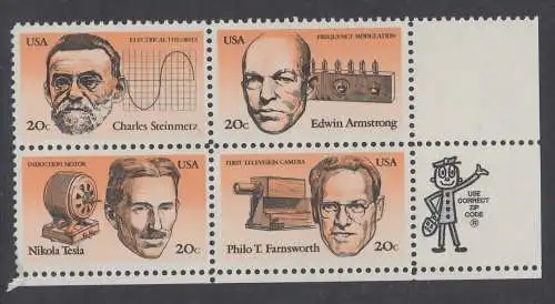 USA Michel 1653-1656 / Scott 2055-2058 postfrisch ZIP-BLOCK (lr / a3) - Erfinder
