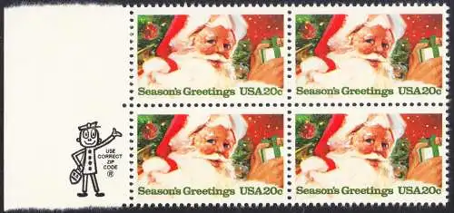 USA Michel 1664 / Scott 2064 postfrisch BLOCK w/ left margins & ZIP-emblem - Weihnachten: Weihnachtsmann