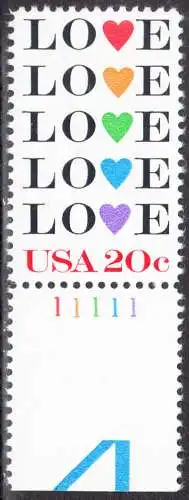 USA Michel 1677 / Scott 2072 postfrisch EINZELMARKE RAND unten & Platten-# 1111  - Grußmarke: Love