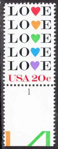 USA Michel 1677 / Scott 2072 postfrisch EINZELMARKE RAND unten & Platten-# 1 - Grußmarke: Love