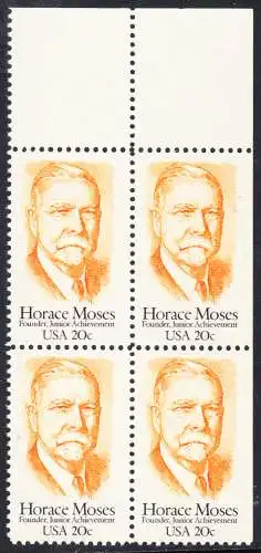 USA Michel 1704 / Scott 2095 postfrisch BLOCK RÄNDER oben (rechts ungezähnt) - Horace A. Moses, Industrieller und Philanthrop