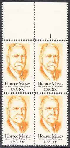 USA Michel 1704 / Scott 2095 postfrisch BLOCK RÄNDER oben m/ Platten-# 1 (a1a) - Horace A. Moses, Industrieller und Philanthrop