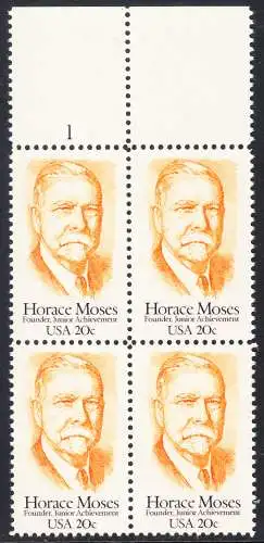USA Michel 1704 / Scott 2095 postfrisch BLOCK RÄNDER oben m/ Platten-# 1 (a2) - Horace A. Moses, Industrieller und Philanthrop