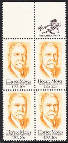 USA Michel 1704 / Scott 2095 postfrisch BLOCK RÄNDER oben w/ ZIP-emblem (a1) - Horace A. Moses, Industrieller und Philanthrop