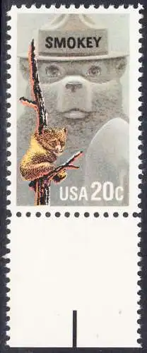 USA Michel 1705 / Scott 2096 postfrisch EINZELMARKE RAND unten (a3) - Waldbrandverhütung: Smokey Bear, Maskottchen der Kampagne zur Waldbrandverhütung
