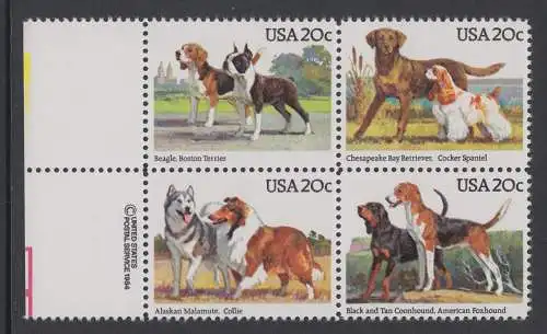 USA Michel 1708-1711 / Scott 2098-2101 postfrisch BLOCK RÄNDER links m/ copyright symbol (a2) - Hunde