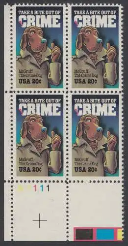 USA Michel 1712 / Scott 2102 (Gumm. beeintr.) PLATEBLOCK ECKRAND unten links m/ Platten-# A1111 - Verbrechensvorbeugung