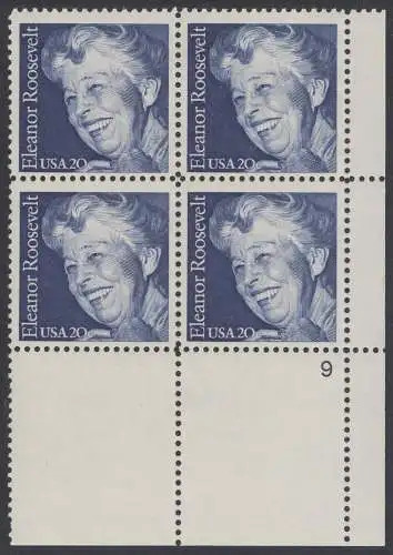 USA Michel 1714 / Scott 2105 (Gumm.beeintr.) PLATEBLOCK ECKRAND unten rechts m/ Platten-# 9 - 100. Geburtstag von Eleanor Roosevelt, Politikerin