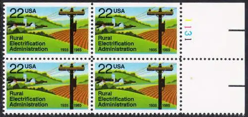 USA Michel 1752 / Scott 2144 postfrisch PLATEBLOCK RÄNDER oben rechts (1131) - 50 Jahre Amt für die Elektrifizierung der ländlichen Gebiete