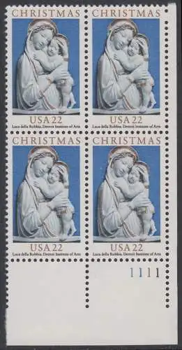 USA Michel 1778 / Scott 2165 postfrisch (Gumm. beeintr.) PLATEBLOCK ECKRAND unten rechts m/ Platten-# 2222 - Weihnachten: Genua-Madonna