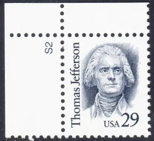 USA Michel 2352 / Scott 2185 postfrisch EINZELMARKE ECKRAND oben links m/ Platten-# 2  - Amerikanische Persönlichkeiten: Thomas Jefferson (1743-1826), 3. Präsident