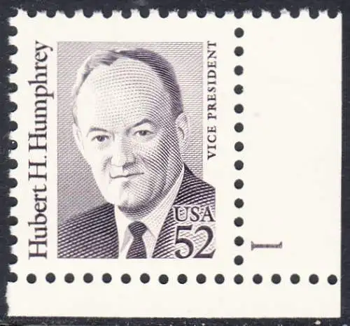 USA Michel 2145 / Scott 2189 postfrisch EINZELMARKE ECKRAND unten rechts m/ Platten-#  1 - Amerikanische Persönlichkeiten: Hubert H. Humphrey (1911-1978), Vizepräsid.