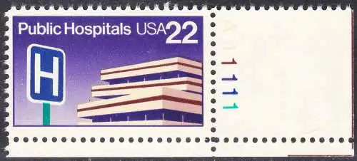 USA Michel 1797 / Scott 2210 postfrisch EINZELMARKE ECKRAND unten rechts m/ Platten-# A11111 - Öffentliche Krankenhäuser: Krankenhausgebäude