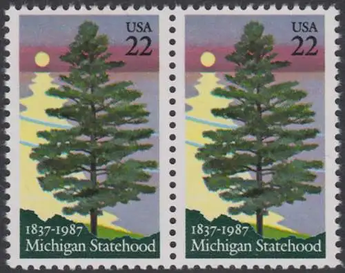 USA Michel 1862 / Scott 2246 postfrisch (Gumm.beeintr,) horiz.PAAR - 150 Jahre Staat Michigan: Kiefer