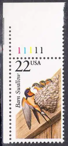 USA Michel 1883 / Scott 2286 postfrisch EINZELMARKE ECKRAND oben links m/ Platten-# A11111 - Nordamerikanische Fauna: Schwalbe