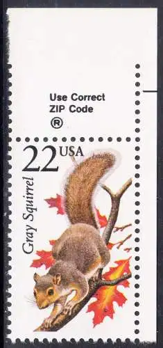 USA Michel 1892 / Scott 2295 postfrisch EINZELMARKE RAND oben m/ ZIP-Code - Nordamerikanische Fauna: Grauhörnchen