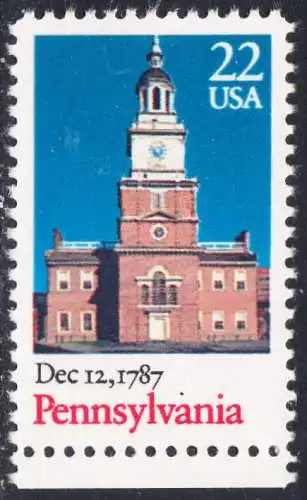 USA Michel 1942 / Scott 2337 postfrisch EINZELMARKE RAND unten (a3) - 200. Jahrestag der Ratifizierung der Verfassung durch den Staat Pennysylvania: Independence Hall, Philadelphia, PA