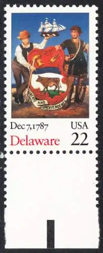 USA Michel 1933 / Scott 2336 postfrisch EINZELMARKE RAND unten (a1) - 200. Jahrestag der Ratifizierung der Verfassung durch den Staat Delaware: Zwei Männer mit Staatswappen